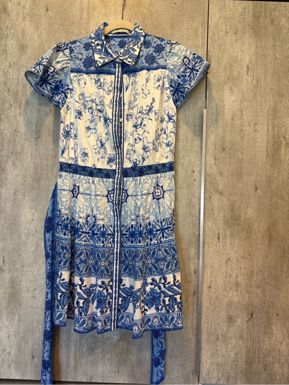 Alice + Olivia Blue and White Printed Tie-Waist Shirt Dress - Picture 1 of 4